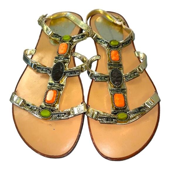 BCBGeneration Gladiator Boho Gold Metallic Embellished Strappy Sandals Size 7 - Picture 1 of 6